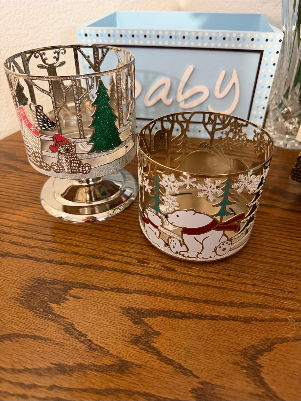 2 Festive Holiday Polar Bear and Tree Candle Holders - Silver and Gold